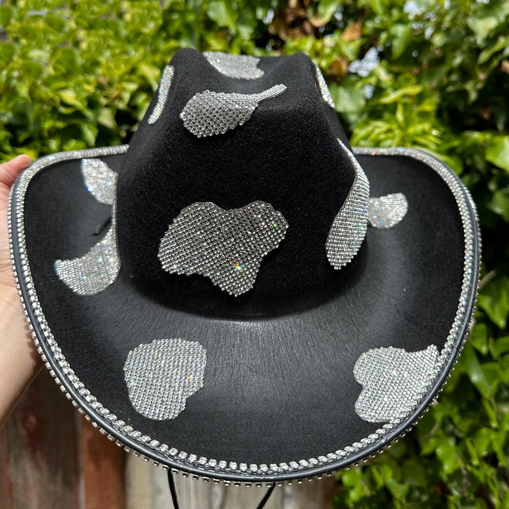 Rhinestone Cowprint cowboy hat,Bachelorette Bride Hat, Nashville party hat